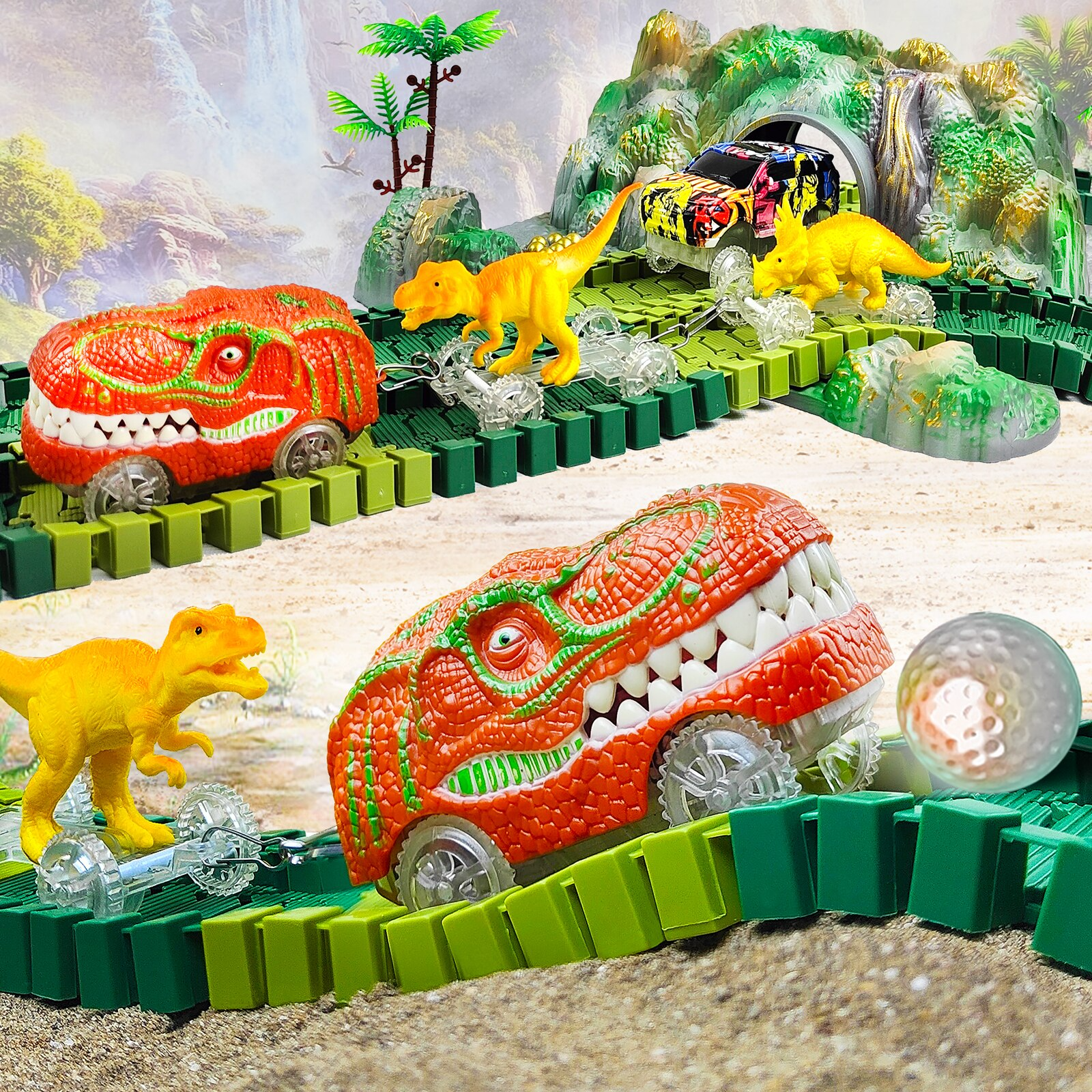 Dinotrack Express – Circuit de dinosaures avec train, figurines et paysage d'aventure