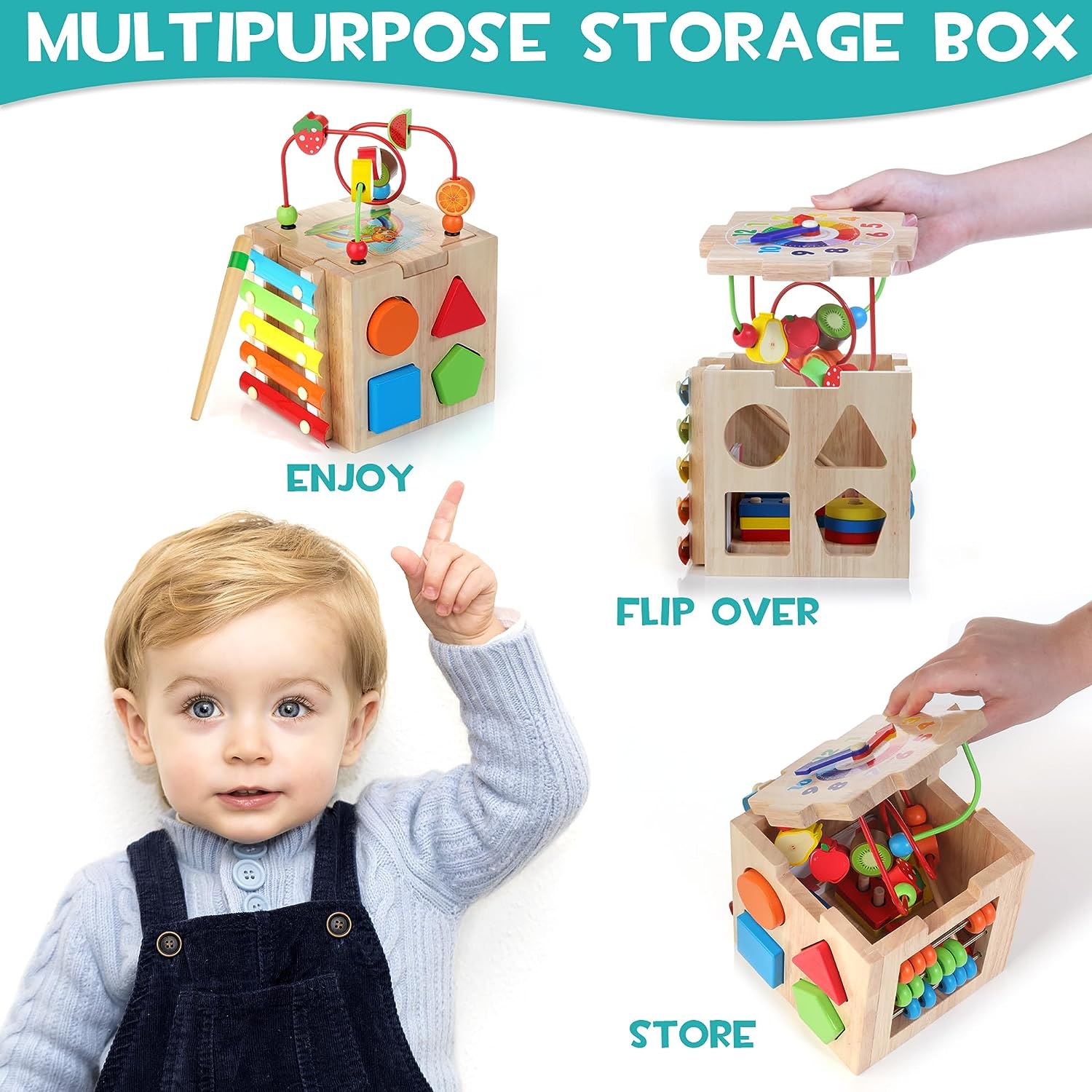 Educube 8-In-1 – Montessori Wooden Activity Cube – Early Learning Fun For Toddlers