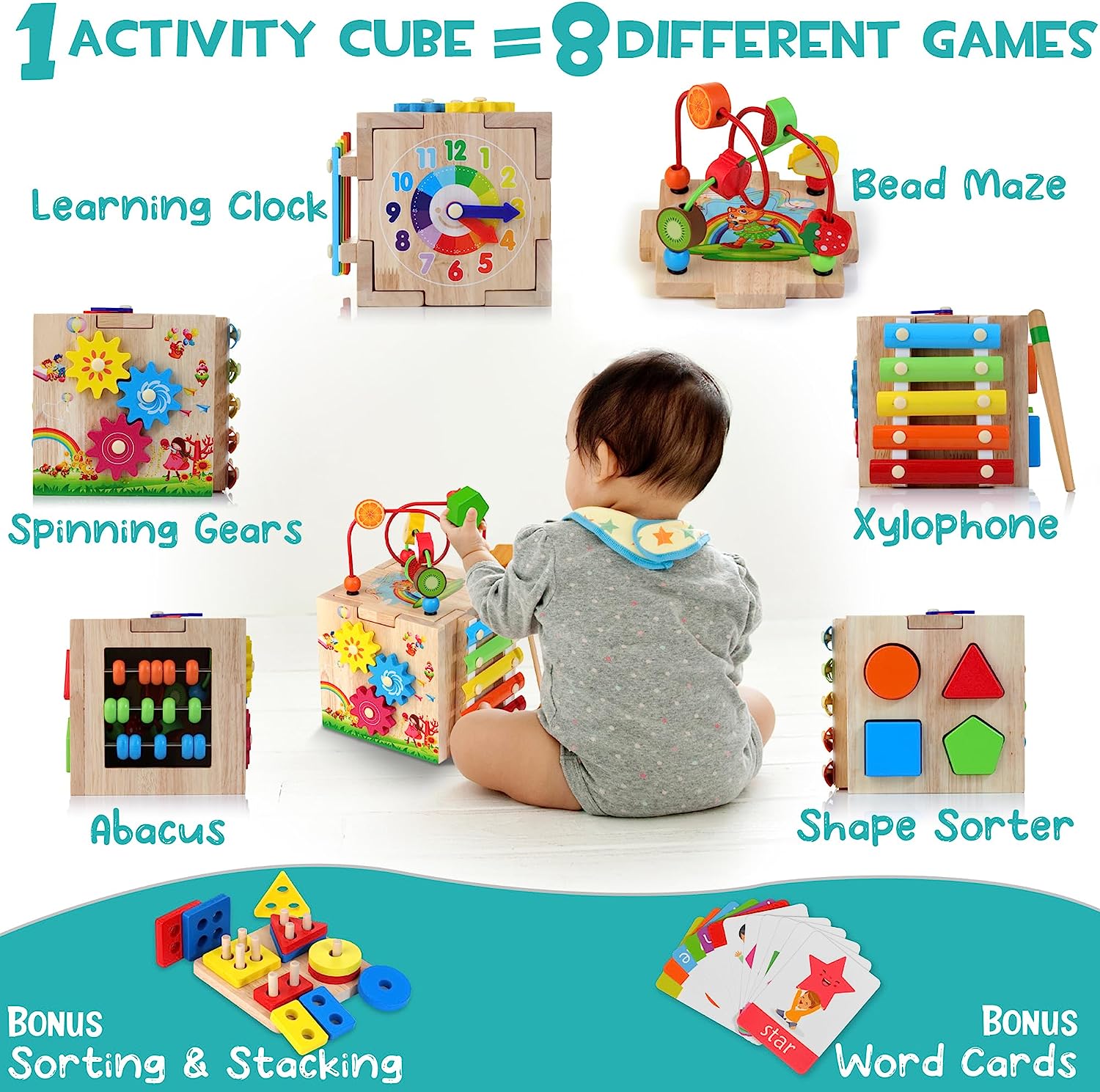 Educube 8-In-1 – Montessori Wooden Activity Cube – Early Learning Fun For Toddlers