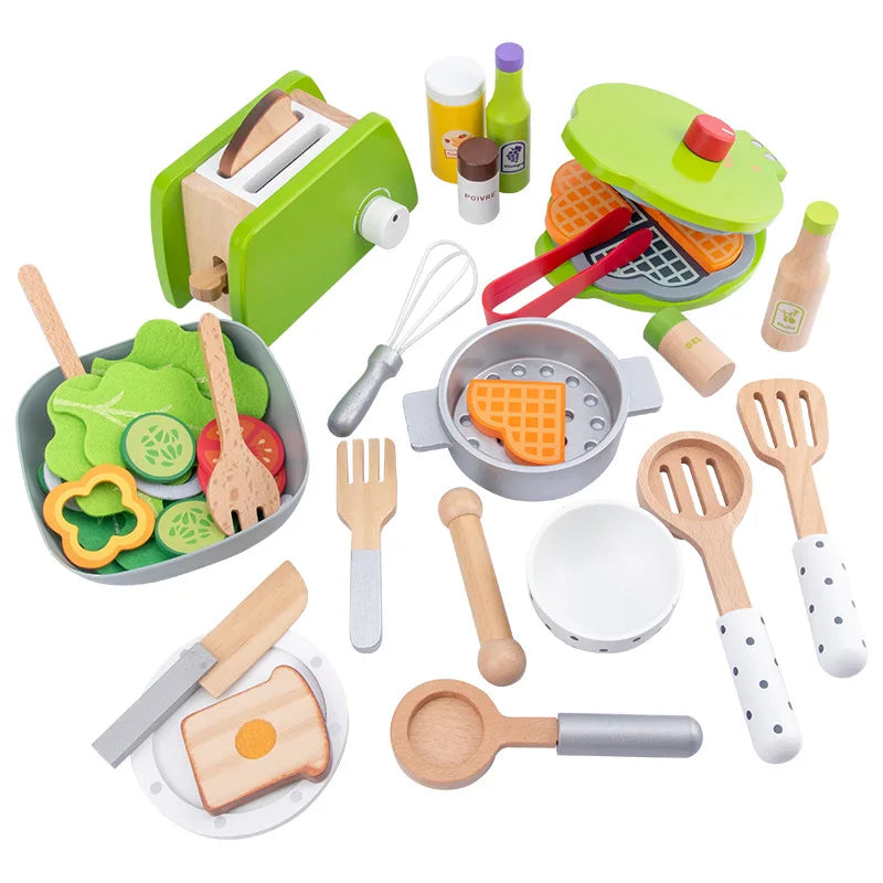 Toychef Woodset – Set da cucina in legno per bambini – Macchina da caffè, tostapane e frullatore – Apprendimento ispirato al metodo Montessori