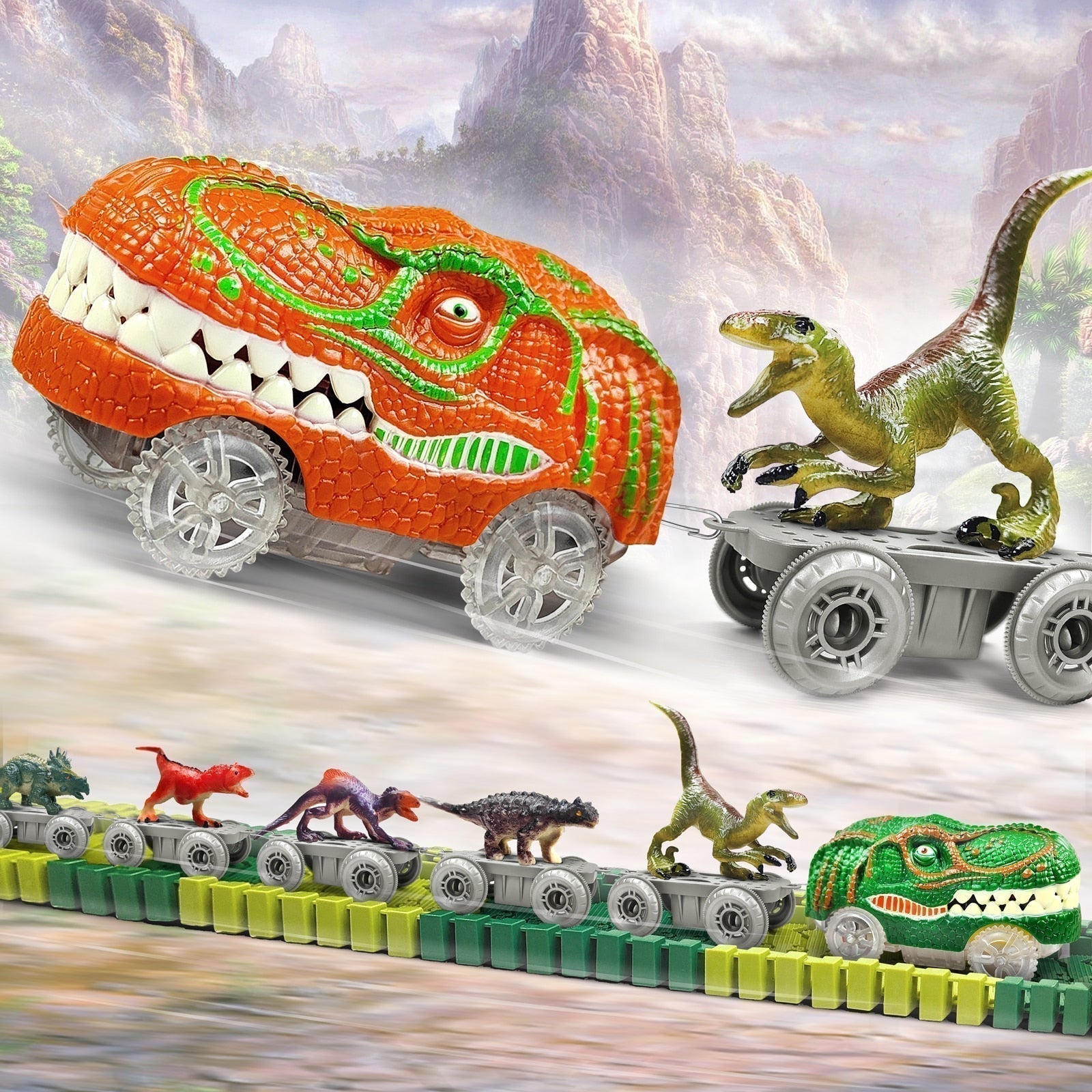 Dinotrack Express – Circuit de dinosaures avec train, figurines et paysage d'aventure