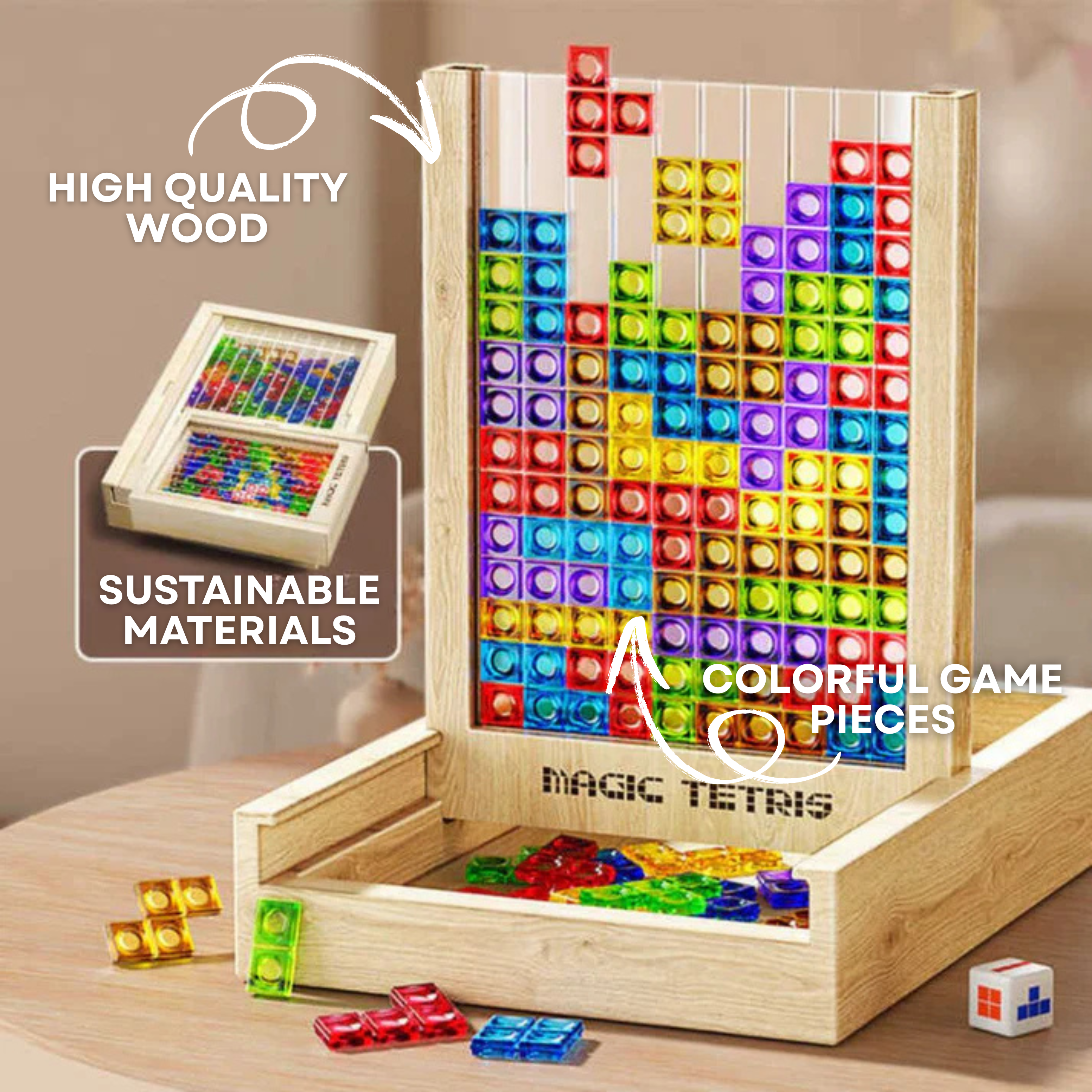 Ecoblock Tetris Board – Gioco di Puzzle in Legno per Bambini e Adulti – Divertimento Sostenibile per l'Allenamento del Cervello
